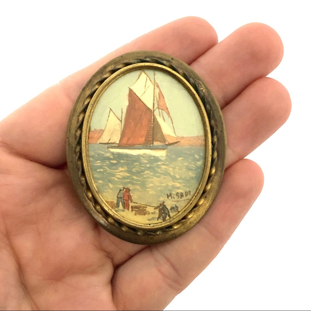 Antique Painting Brooch Sailboat Scene Early 1900s - Picture 7 of 7